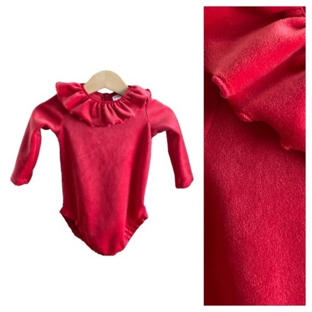 Hanna Andersson Red Velour Ruffle Long Sleeve Bodysuit